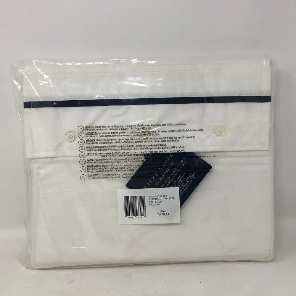Ralph Lauren Organic Cotton Percale Palmer Twin Flat Sheet White Polo Navy New